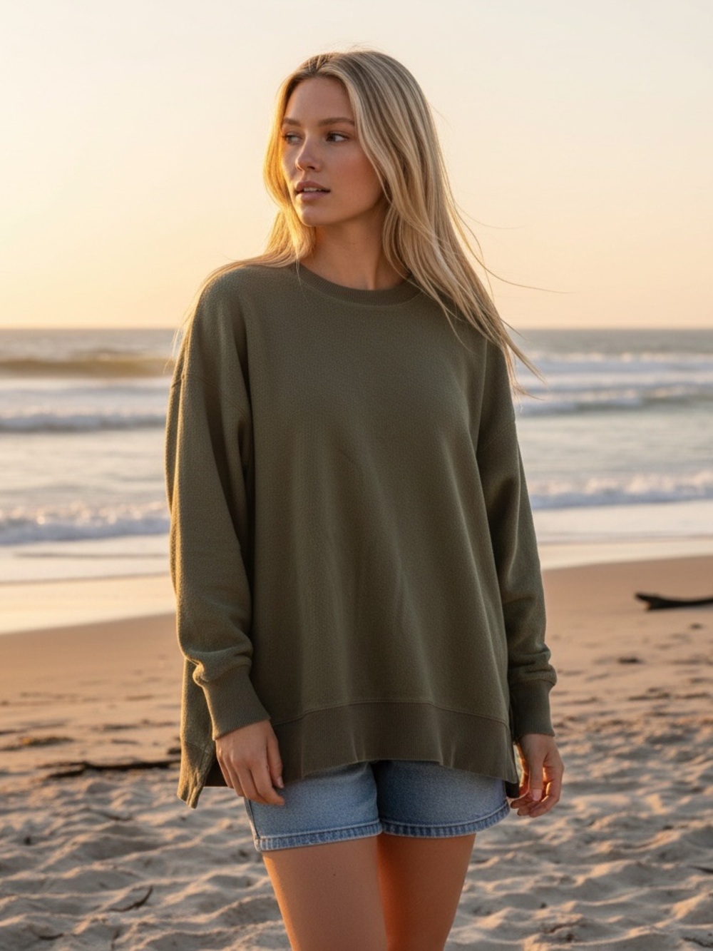 Aerie oversized medium Relaxed Olive Crewneck Pullover Sweater side slit cozy